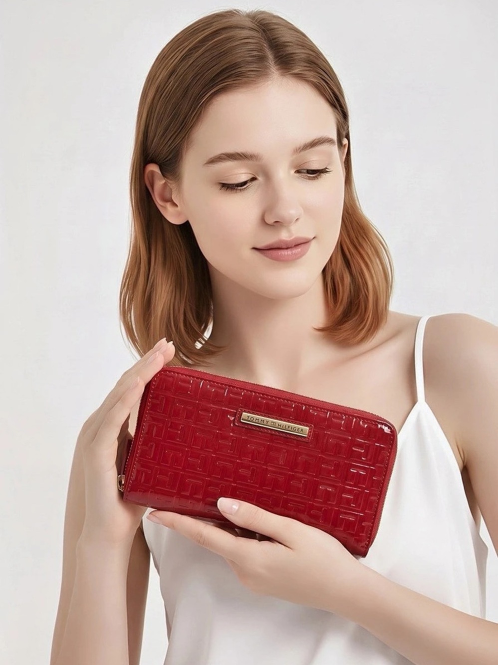 Tommy Hilfiger Women’s Red Logo Zip Wallet Wristlet Pouch w/ Card Holder